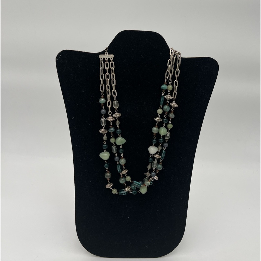 Elegant Multi-Strand Green, Blue & Silver Faux Crystal Bead Necklace
